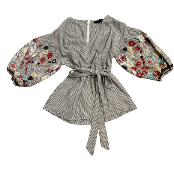 RD & Koko Tops - RD & Koko Floral Embroidered Faux Wrap Top Women Size Medium Black White Striped